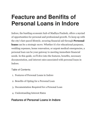 Feacture and Benifits of Personal Loans in Indore