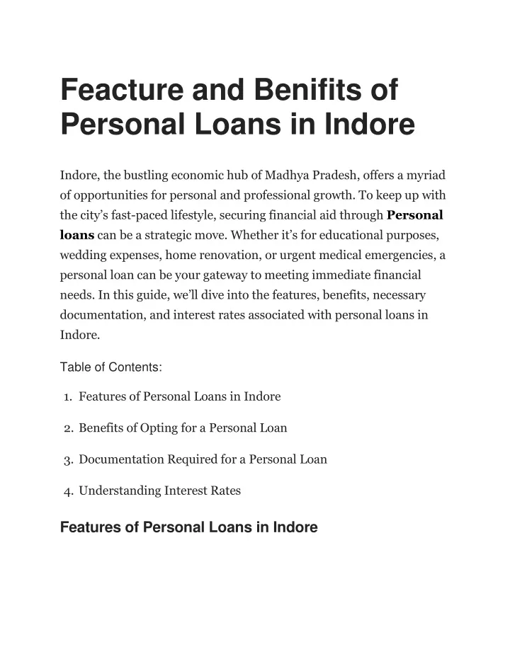 feacture and benifits of personal loans in indore