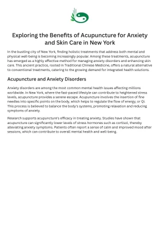 Exploring the Benefits of Acupuncture for Anxiety and Skin Care in New York