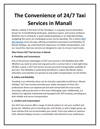 The Convenience of 24 hours Taxi Services in Manali - Manali Holidays