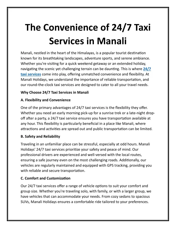 the convenience of 24 7 taxi services in manali