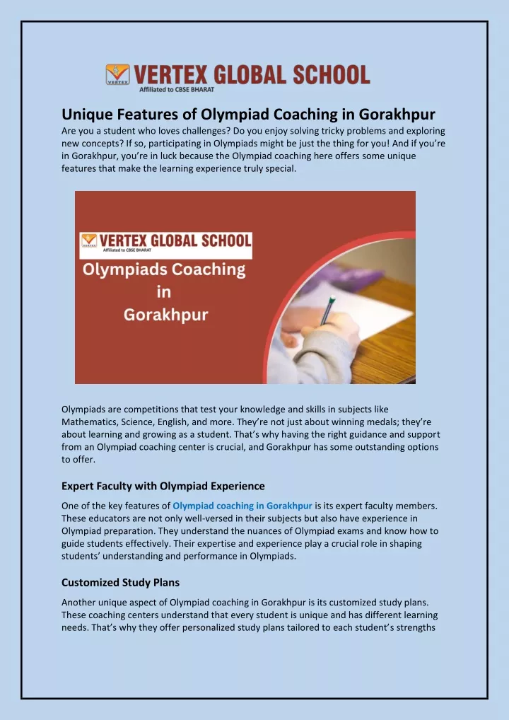 unique features of olympiad coaching in gorakhpur