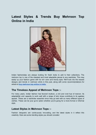 Latest Styles & Trends Buy Mehroon Top Online in India