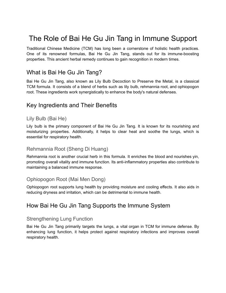 the role of bai he gu jin tang in immune support