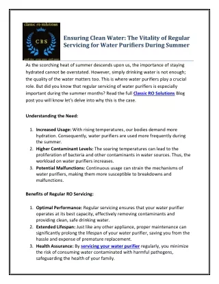 The Vitality of Regular Servicing for Water Purifiers During Summer