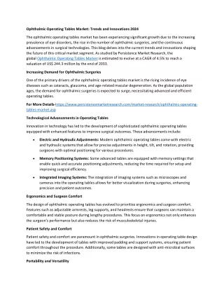 Ophthalmic Operating Tables Market Demand: Trends and Insights