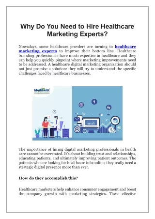 Why Do You Need to Hire Healthcare Marketing Experts
