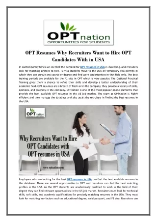 Why Recruiters Want to Hire OPT Candidates With opt resume in USA