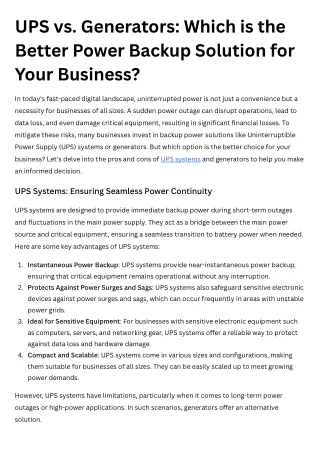 UPS vs. Generators Which is the Better Power Backup Solution for Your Business