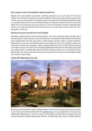 Plan a Luxurious Trip to The Taj Mahal in Agra from Kochi Port- Tajmahaltours.com