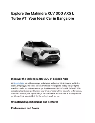Explore the Mahindra XUV 3OO AX5 L Turbo AT_ Your Ideal Car in Bangalore