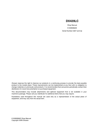 Daewoo Doosan DX420LC Excavator Service Repair Manual (Serial Number 5327 and Up)