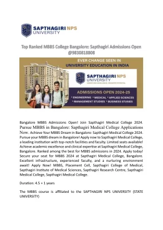 MBBS Bangalore 2024 Apply Now to Sapthagiri Medical College @9830818808