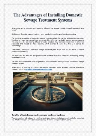 The Advantages of Installing Domestic Sewage Treatment Systems