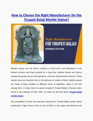 Right Manufacturer for the Tirupati Balaji Marble Statue