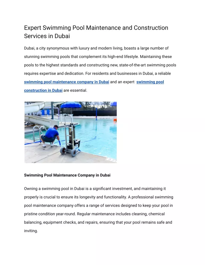 expert swimming pool maintenance and construction