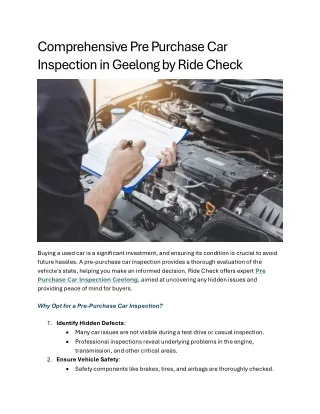 Comprehensive Pre Purchase Car Inspection in Geelong by Ride Check