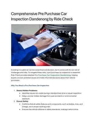 Comprehensive Pre Purchase Car Inspection Dandenong by Ride Check