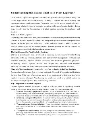 Understanding the Basics - What Is In-Plant Logistics