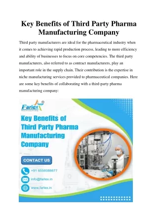 Key Benefits of Third Party Pharma Manufacturing Company