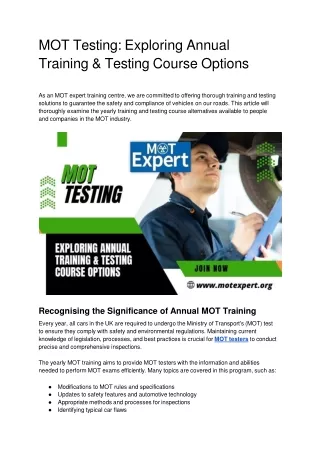 MOT Testing: Exploring Annual Training & Testing Course Options