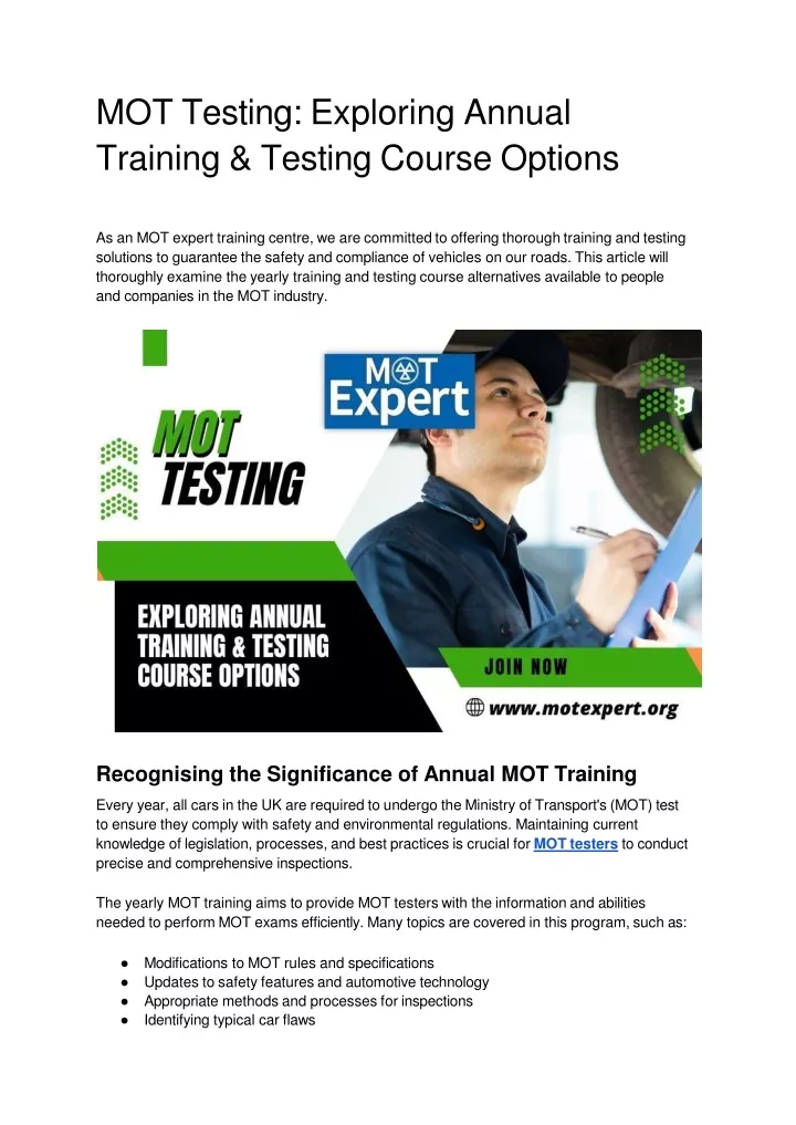 mot testing exploring annual training testing course options