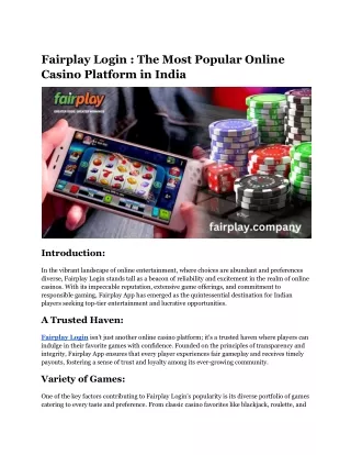 Fairplay Login - The Most Popular Online Casino Platform in India