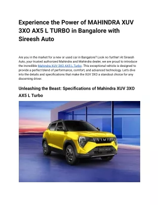 Experience the Power of MAHINDRA XUV 3XO AX5 L TURBO in Bangalore with Sireesh Auto
