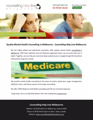 Quality Mental Health Counselling in Melbourne - Counselling Help Line Melbourne