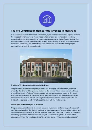 The Pre-Construction Homes Attractiveness in Markham
