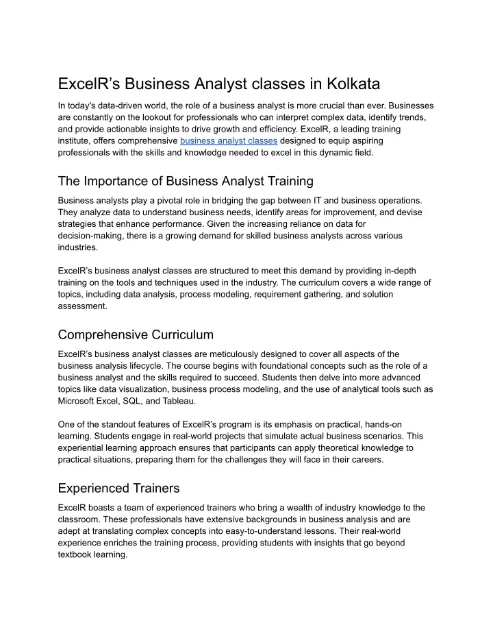 excelr s business analyst classes in kolkata