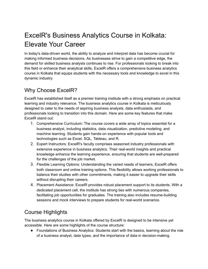 excelr s business analytics course in kolkata