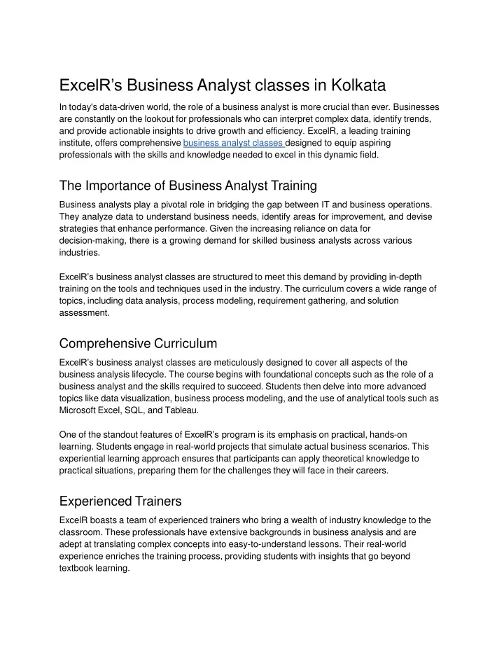 excelr s business analyst classes in kolkata