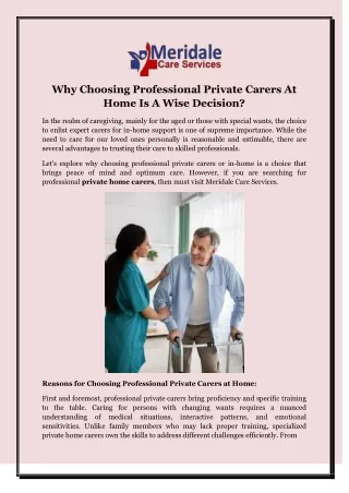 Why Choosing Professional Private Carers At Home Is A Wise Decision?