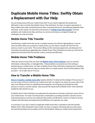 Duplicate Mobile Home Titles: Swiftly Obtain a Replacement with Our Help