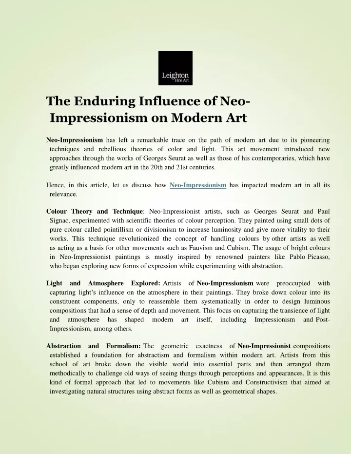 PPT - The Enduring Influence of Neo- Impressionism on Modern Art ...