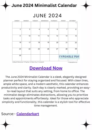 June 2024 Minimalist Calendar | Calendarkart