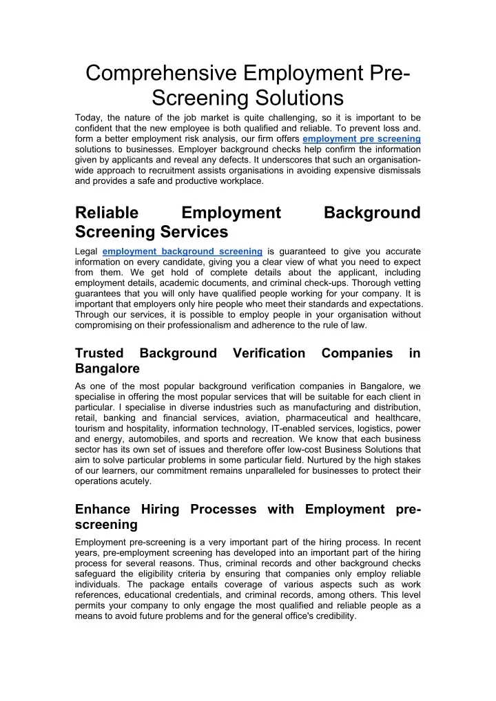 comprehensive employment pre screening solutions