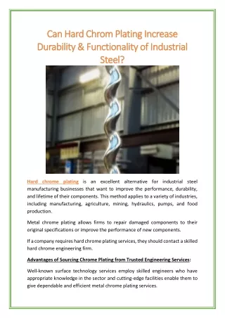 Can Hard Chrom Plating Increase Durability Functionality of Industrial Steel