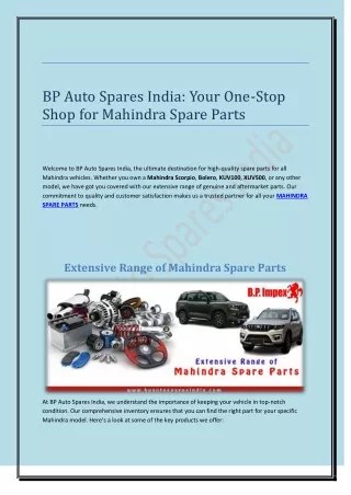 BP Auto Spares India- Your One-Stop Shop for Mahindra Spare Parts