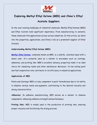 Exploring Methyl Ethyl Ketone (MEK) and China's Ethyl Acetate Suppliers