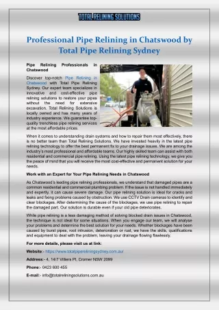 Professional Pipe Relining in Chatswood by Total Pipe Relining Sydney