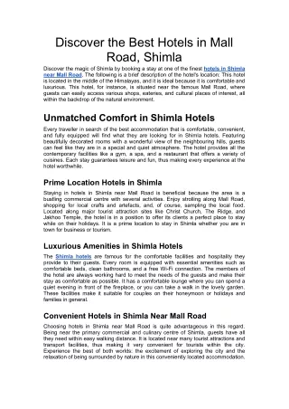 Discover the Best Hotels in Mall Road, Shimla