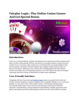 Fairplay Login - Play Online Casino Games And Get Special Bonus