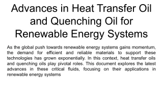 Advances in Heat Transfer Oil and Quenching Oil for Renewable Energy Systems