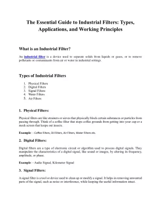 The Essential Guide to Industrial Filters: Types, Applications, and Working Prin