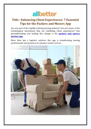 Enhancing Client Experiences: 7 Essential Tips for the Packers and Movers App