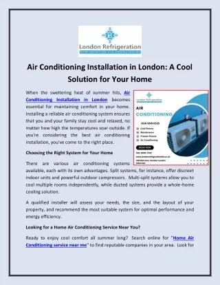 Air Conditioning Installation in London-A Cool Solution for Your Home