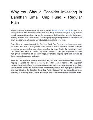 Why You Should Consider Investing in Bandhan Small Cap Fund - Regular Plan