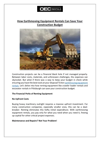 How Earthmoving Equipment Rentals Can Save Your Construction Budget